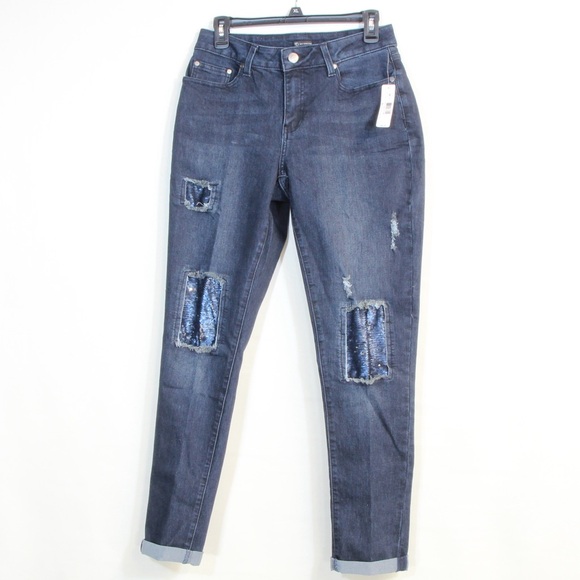 New Directions Women's Dark Wash Blue Distressed Sequin Casual Denim Jeans NWT - Picture 7 of 10
